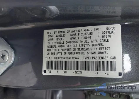 2008 Honda Accord 2.4 Lx-P z USA, uszkodzony, nr VIN 1HGCP26428A132747